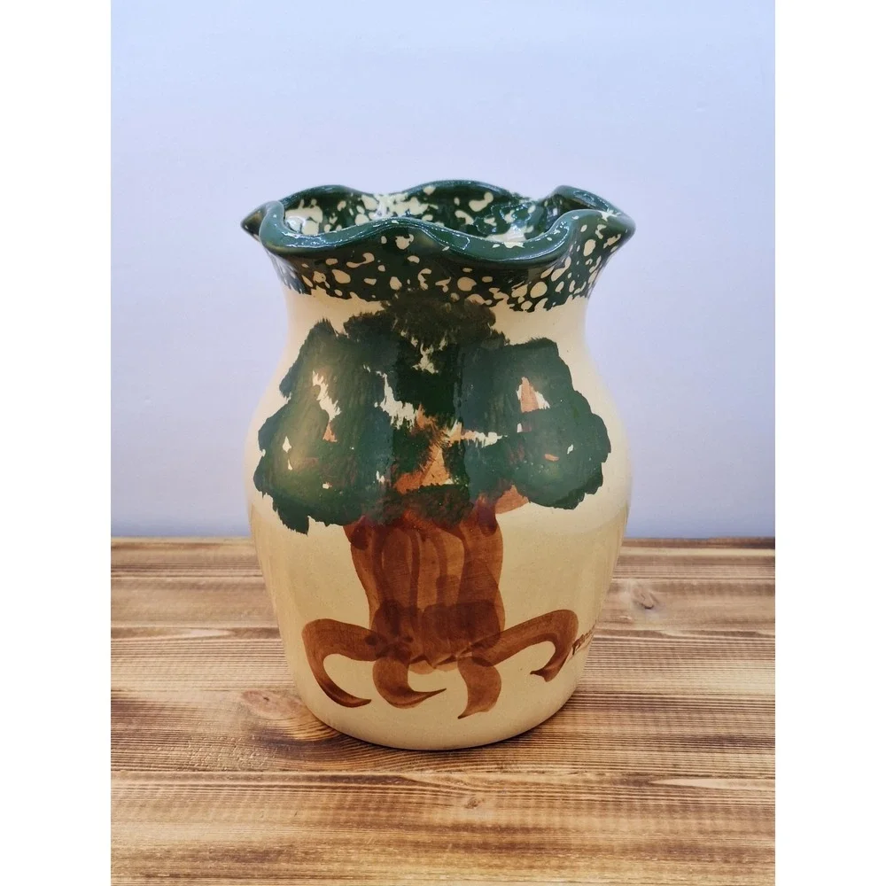 Crooksville Ohio Apple Tree Pottery Crock Vase Ruffled Edge Hand Painted 08 7x5